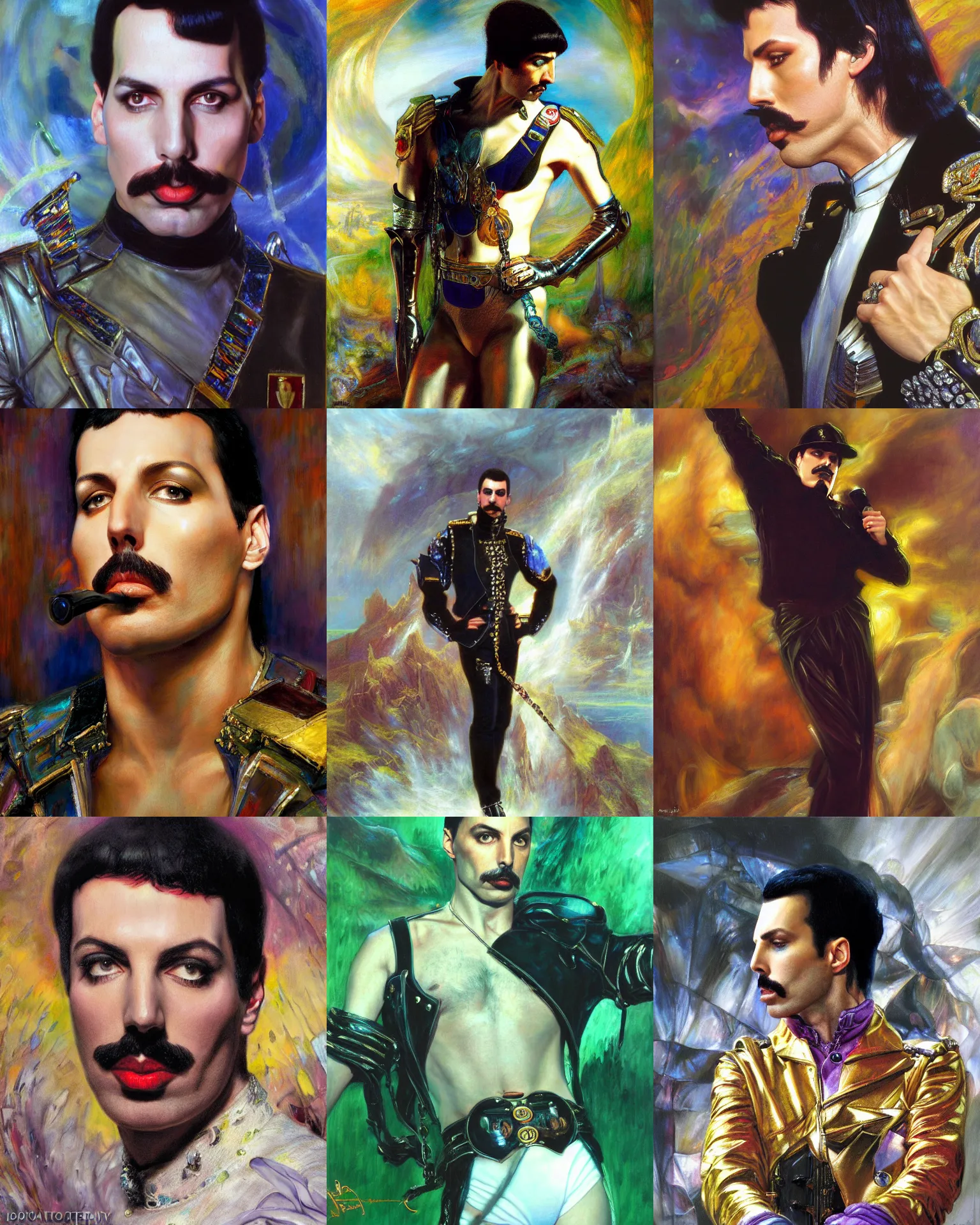 Prompt: freddie mercury, portrait painting by donato giancola, thomas moran, cyber punk, craig mullens fashion photography