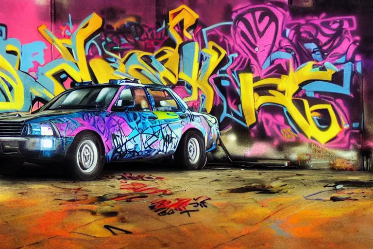 Image similar to a police car covered in graffiti by mia brownell, art by anna hotchkis, antonio saura, very detailed, maximalism, ambient occlusion, volumetric light, atmospheric haze, hyper realism, futuristic but colorful shading, cinematic composition, realistic render, photography, wide shot