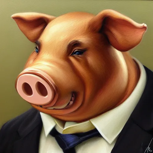 Prompt: portrait of an anthropomorphic fat pig wearing a suit, oil painting, masterpiece, extremely detailed, sharp focus, intricate, award-winning, hyperrealistic, by Ralph Horsley, by artgerm