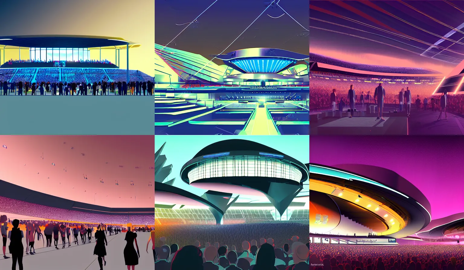 Prompt: digital concept art of a futuristic concert arena at dusk with an excited crowd inspired by Syd Mead-W 576