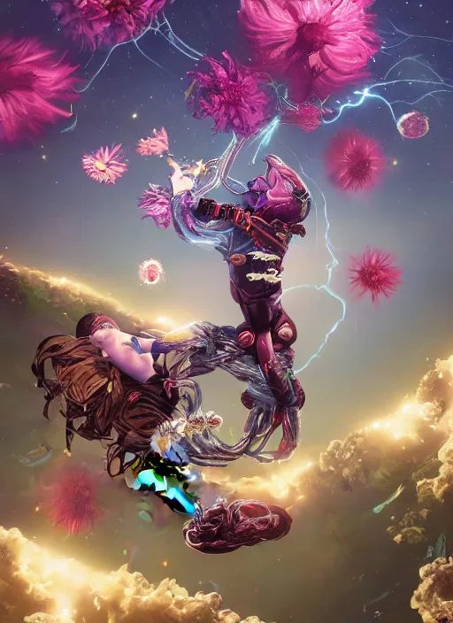 Image similar to An epic fantastic realism comic book style painting of the most beautiful entwined flowers launched across the galaxy, floating bouquets, fisheye, lightning creating life, unreal 5, DAZ, hyperrealistic, octane render, dynamic lighting
