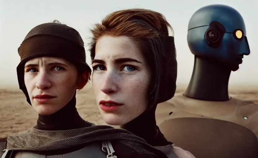 Image similar to cinestill 5 0 d photographic portrait by helen levitt of two loving female androids wearing rugged black mesh techwear on a desolate plain, extreme closeup, modern cyberpunk, dust storm, 8 k, hd, high resolution, 3 5 mm, f / 3 2, ultra realistic faces, ex machina