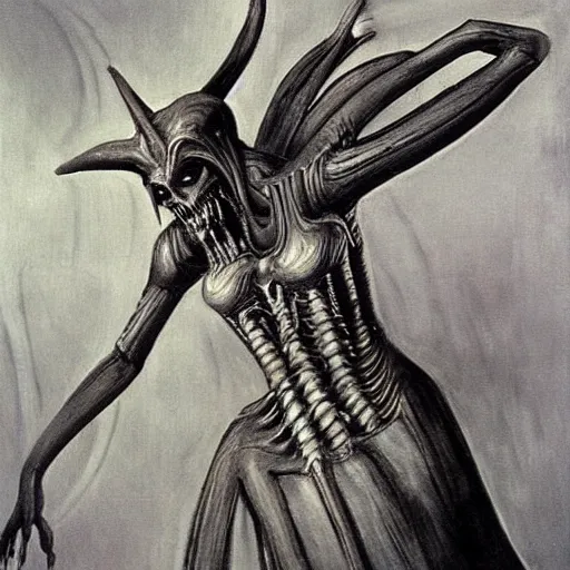 Image similar to a demon ballerina leaving a trail of smoke by h. r. giger