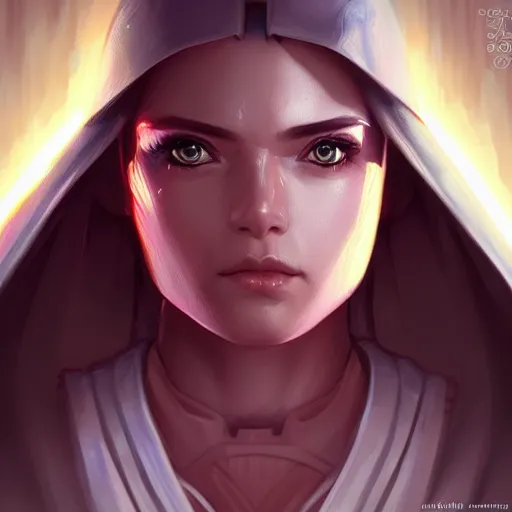 Prompt: female jedi, beautiful, detailed symmetrical close up portrait, intricate complexity, in the style of artgerm and ilya kuvshinov, magic the gathering, star wars art
