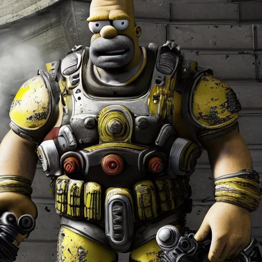 Image similar to Homer Simpson in Gears of War, highly detailed, high quality, HD, 4k, 8k, Canon 300mm, professional photographer, 40mp, lifelike, top-rated, award winning, realistic, sharp, no blur, edited, corrected, trending
