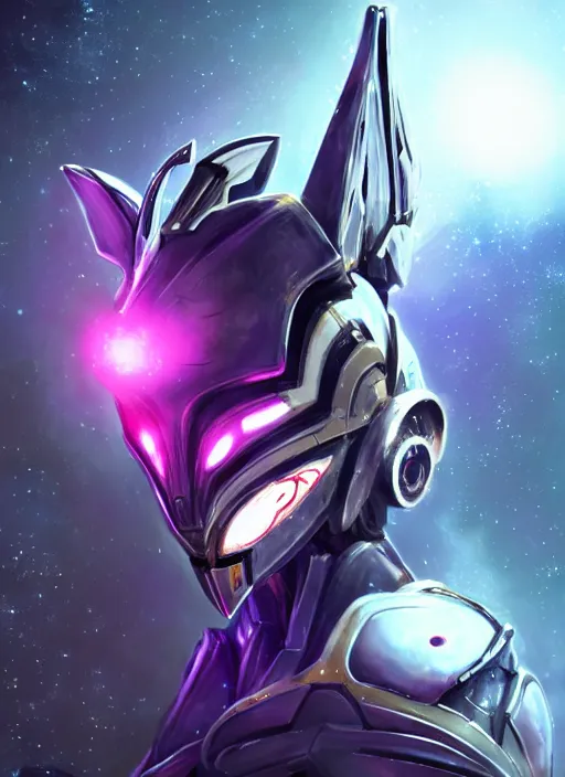 Image similar to detailed cinematic shot, cosmic sized perfectly proportioned stunning beautiful hot female warframe, robot mecha female dragon head, metal ears led eyes, silver armor, fuschia leds, floating in empty space, nebula sized, holding a galaxy, epic proportions, epic size, epic scale, furry art, dragon art, giantess art, warframe fanart, furaffinity, deviantart