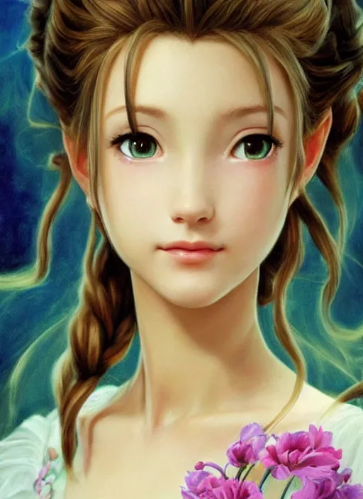 Image similar to elegant Aerith Gainsborough stares intently straight on in an intense way. ultra detailed painting at 16K resolution and epic visuals. epically surreally beautiful image. amazing effect, image looks crazily crisp as far as it's visual fidelity goes, absolutely outstanding. vivid clarity. ultra. iridescent. mind-breaking. mega-beautiful pencil shadowing. beautiful face. Ultra High Definition. processed twice.