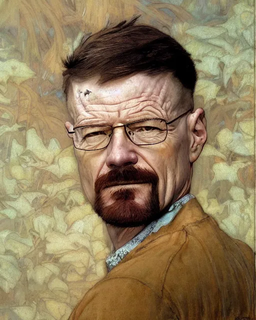 Image similar to walter white, portrait painting by richard schmid, edgar maxence, kehinde wiley, thomas moran, maxfield parrish, studio ghibli, loish, alphonse mucha, fashion photography