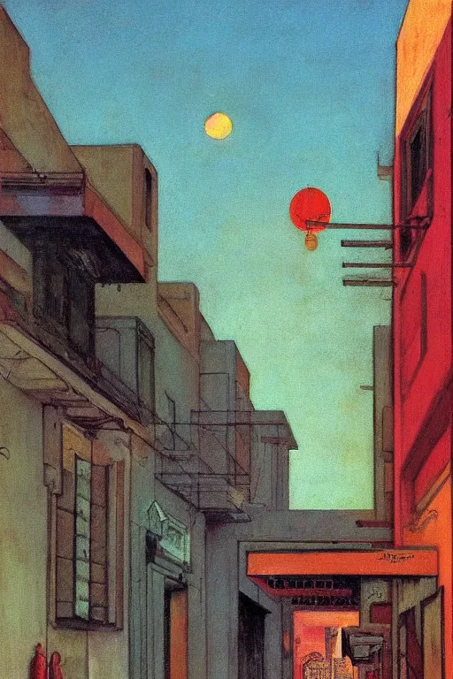 Image similar to eerie tel aviv street mystery at dusk, colorful film noir scene. by moebius, giorgio de chirico, edward hopper