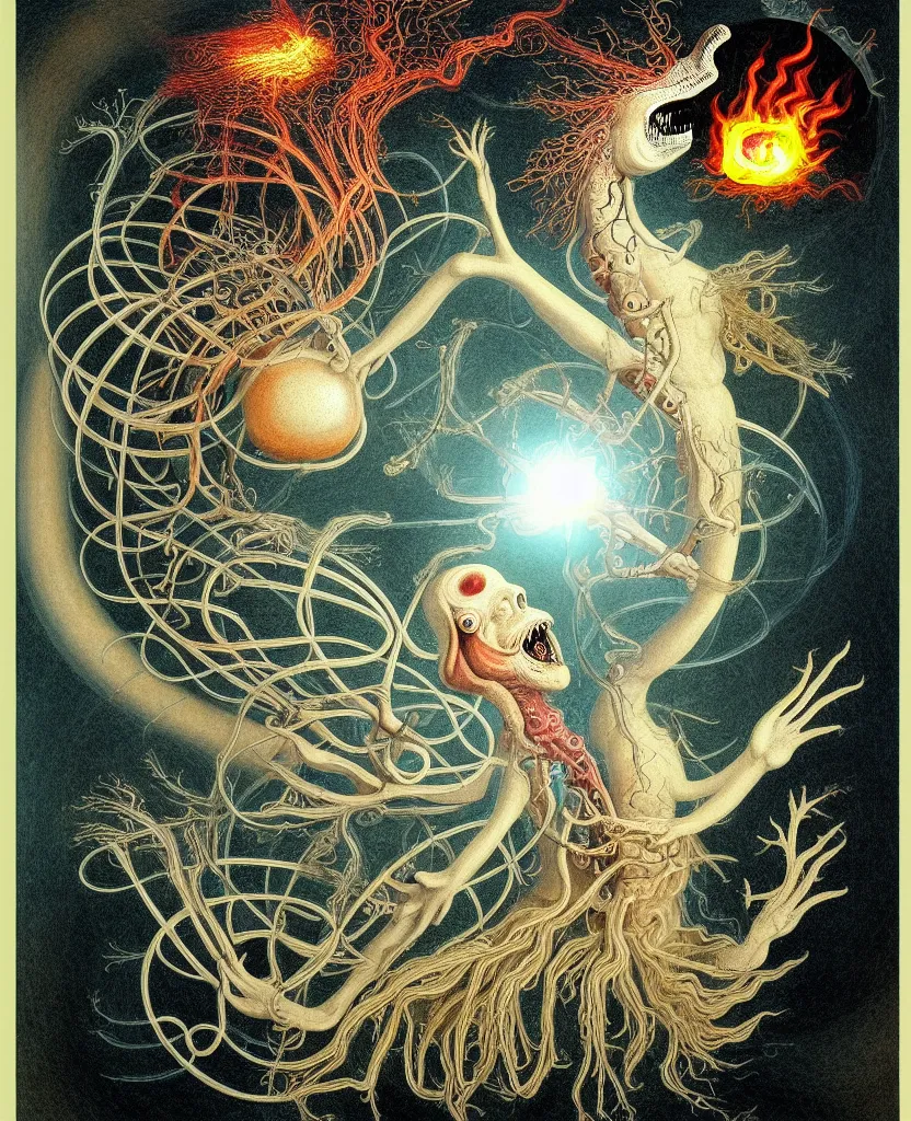 Image similar to whimsical freaky creature sings a unique canto about'as above so below'being ignited by the spirit of haeckel and robert fludd, breakthrough is iminent, glory be to the magic within, painted by ronny khalil