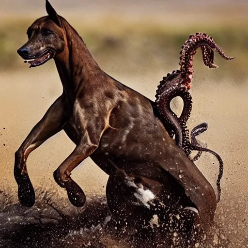 Image similar to National Geographic photo of horse full of octopus being eaten by African hunting dogs