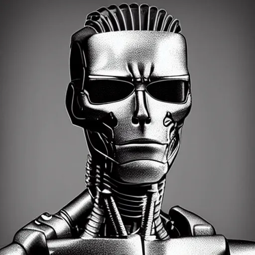 Prompt: “a realistic detailed photo of a guy who is the terminator robot, who is a male android, Tom Holland, shiny skin, posing like a statue, blank stare”