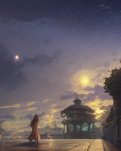 Prompt: over the shoulder landscape painting of violet evergarden, behind are distant lights from an old european city, next to the reflecting ocean, nighttime, long hair, by Philipp A. Urlich and Pengzhen Zhang and Andreas Rocha, fantasy, intricate, elegant, highly detailed, digital painting, artstation, blender, unreal engine 5, octane render, smooth, sharp focus, illustration