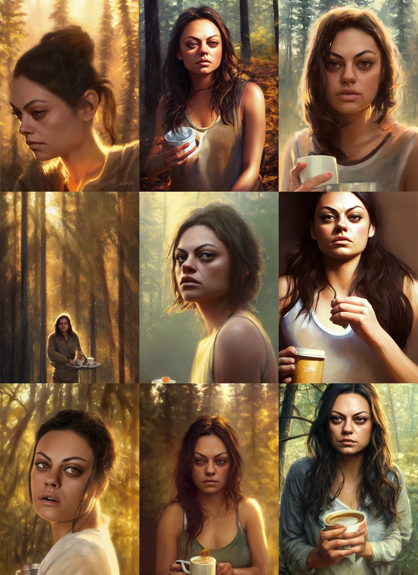 Image similar to close portrait of sleepy mila kunis waking up with coffee, dramatic light, morning golden hour, forest cabin background, 2 0 0 mm focal length, painted by stanley lau, painted by greg rutkowski, painted by stanley artgerm, digital art, trending on artstation