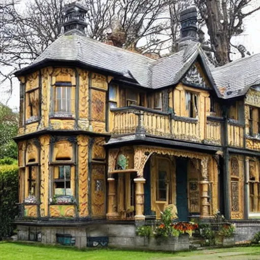 Prompt: an english victorian house built with wooden pallets