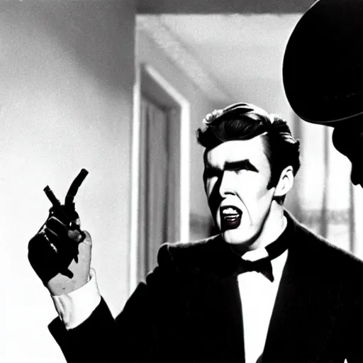 Image similar to scene from the horror picture show with james stewart!!!! james stewart!!!! is acting surprised and holds a revolver