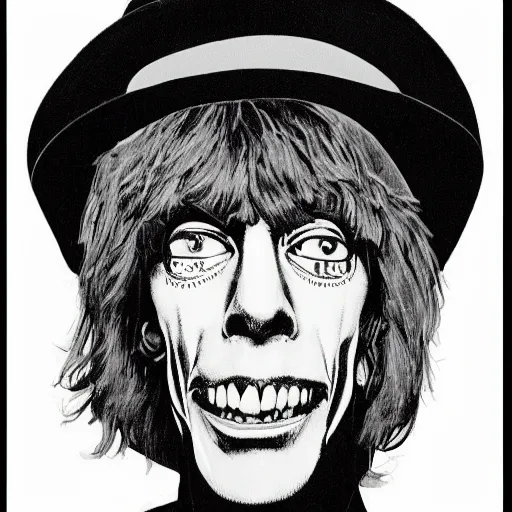 Prompt: a man with a hat, and a t - shirt with a rolling stones picture, carrying a guitar, then around it was written punk writing. pop art style images. symmetrical anatomy. without duplication of images. without repeating the same image. by mel ramos and hariton pushwagner