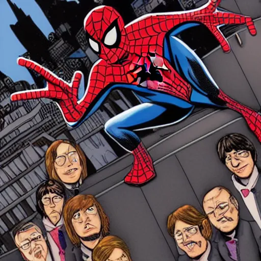 Image similar to spider man meets the beatles, comic, hd, 4 k, intricate detail