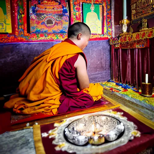 Image similar to portrait of a tibetan monk praying to a candlelit altar inside a tibetan temple, photography