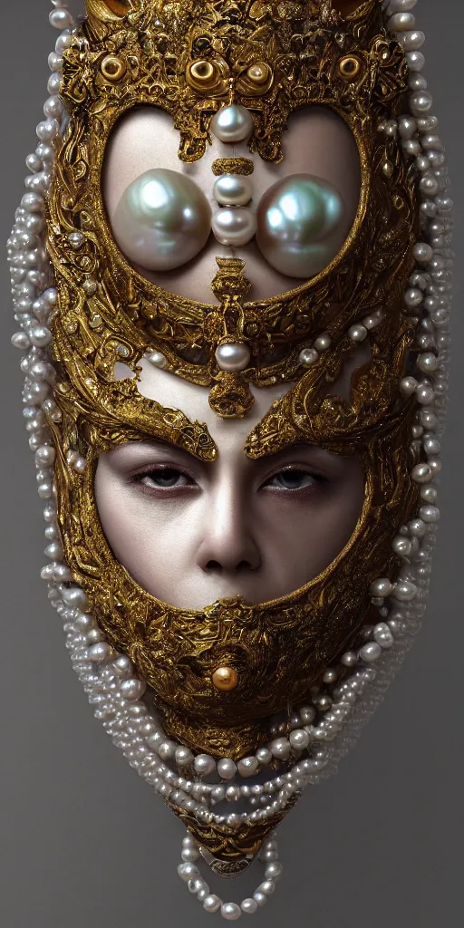 Image similar to hyperrealism, detailed textures, award winning autochrome photo, symetrical japanese pearl, beautiful animal pearl queen, autochrome pearl portrait, pearl silverplate, intricate, detailed facial pearl scary animal mask, pearl, golden jewelery, silverplate, ultra realistic, cinematic, intricate, by steve mccurry, unreal engine 8 k