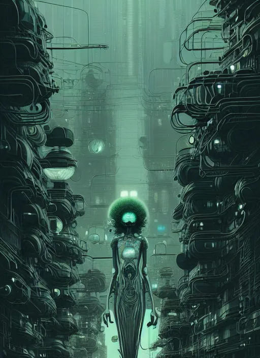 Image similar to highly detailed portrait of a biopunk long curly white hair tribal lady, stray wiring by atey ghailan, james gilleard, by joe fenton, by greg rutkowski, by greg tocchini, by kaethe butcher, 4 k resolution, gradient green, black and white color scheme!!! ( ( irradiated robotic dystopian city background ) )