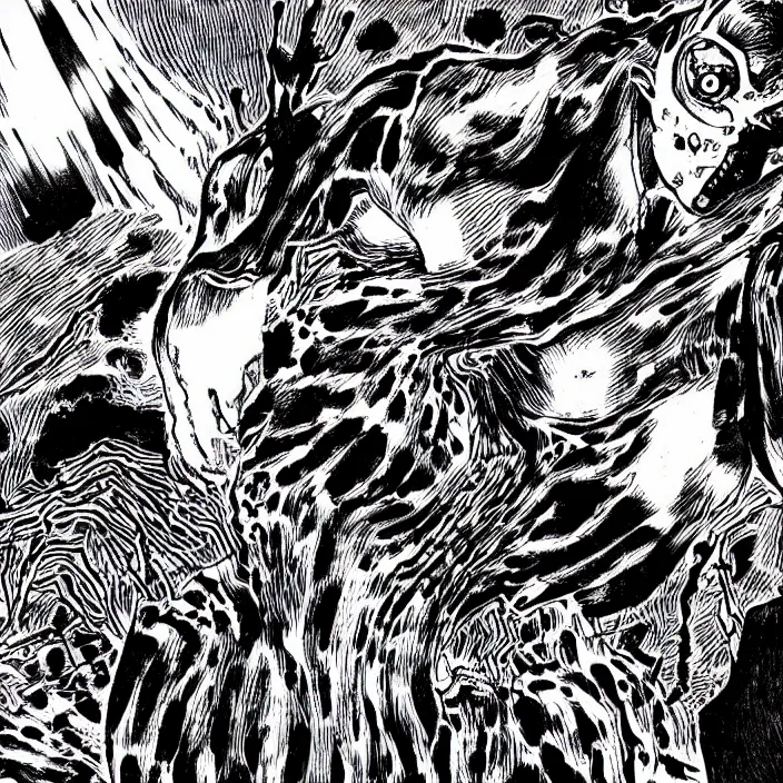 Image similar to Junji Ito manga artwork of a monstrous cyborg abomination