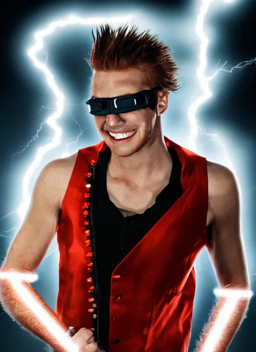 Image similar to photorealistic young man with red spiked long hair, using orange googles. Wearing black waistcoat, white shirt. He is with a vicious smile in face. dynamic lightning.