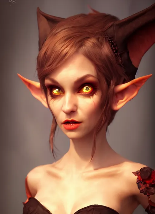 Image similar to imp demon goddess, cute elf ears, strapless dress, character portrait in the style of thomas river and artgerm, cinematic lighting, hyperdetailed, 8 k realistic, symmetrical, global illumination, radiant light,, frostbite 3 engine, cryengine, dof, trending on artstation, digital art, chanel