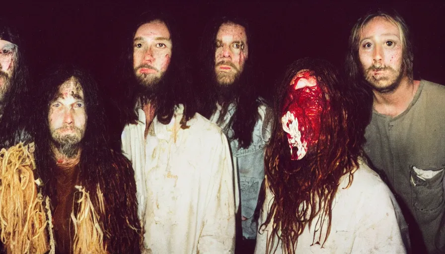 Prompt: high realistic photo portrait of esoteric tribes members with taxidermic flesh bloody mask, cinestill 800t 35mm, heavy grain, high quality,