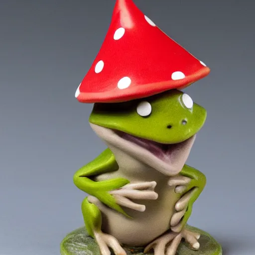 Image similar to clay model of a frog holding a red and white toadstool as a parasol