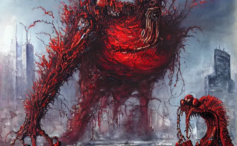 Image similar to an oil painting of atompunk red alert monster that consumes new york city in style of lovecraftian horror by simon bisley