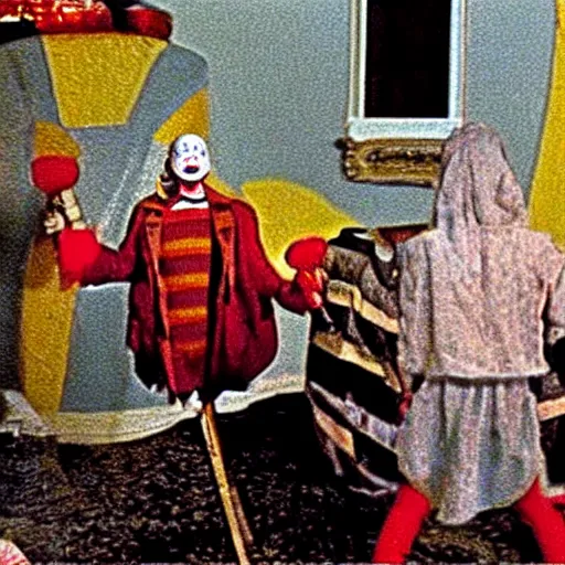 Image similar to screenshot from the scene from the holy mountain where the conjoined child clowns play. The child clowns are conjoined at the head and neck. Cinematic, VHS copy, film grain, 35mm film.