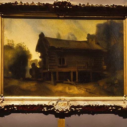 Prompt: Exterior view of a cabin in the woods by Rembrandt, oil on canvas, 4k, 8k