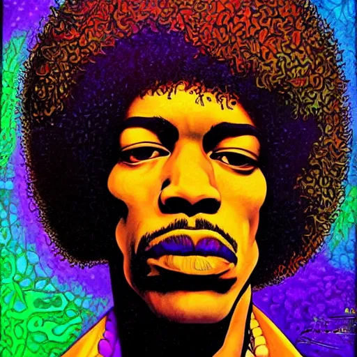 Prompt: artwork by Franklin Booth showing a portrait of Jimi Hendrix, afro futurism