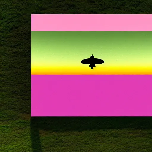 Image similar to cows being abducted by ufo in summer night from pasture. aerial view with blank billboard, minimalism, precisionist in style of patrick nagel, purple and green gamma with pink contrast