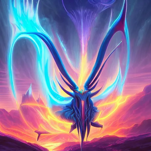 Prompt: the second nicol bolas, in the style of magic the gathering, art by dan mumford and yusuke murata and makoto shinkai and ross tran, cosmic, heavenly, god rays, intricate detail, cinematic, 8 k, cel shaded, unreal engine, featured on artstation, pixiv
