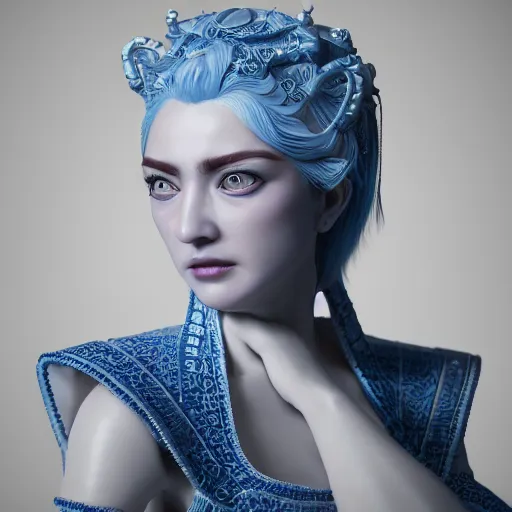 Image similar to 3 d render, hyper detailed, realistic female face and shoulders as a painted porcelain statue, with ornate blue willow pattern, white hair, fine facial features, white eyes and eyelashes, 8 k, 1 5 0 ml lens, elegant, white background, octane render, volumetric lighting, by carlos ortega elizalde and yomagick