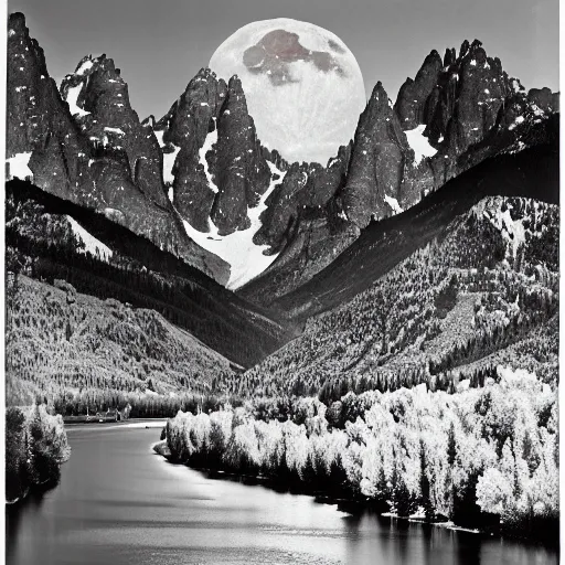 Image similar to the moon and the tetons and the snake river, by ansel adams,