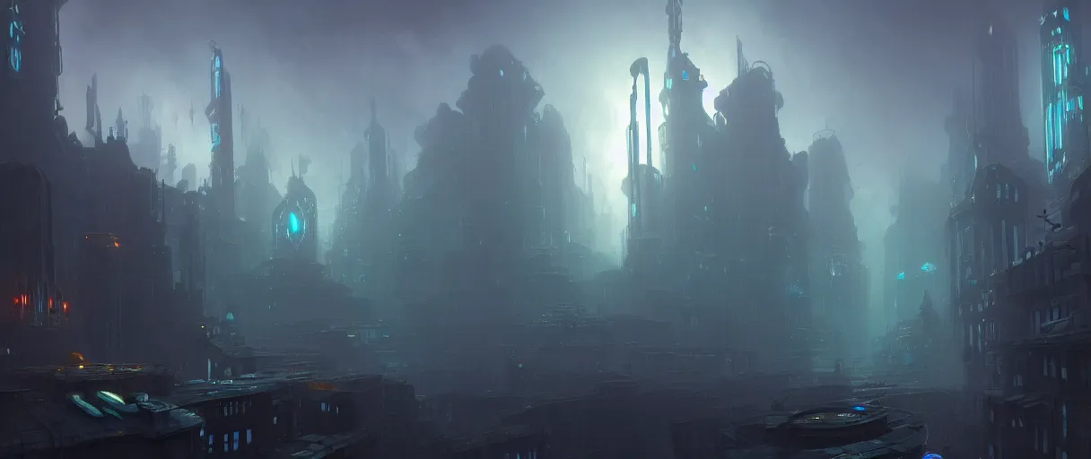 Prompt: digital painting of an underwater dystopian city, rapture from bio shock, style of Ralph Mcquarrie, concept art, high angle, high detail, cold lighting, dark, vivid, beautiful, caustics, trending on artstation, by Jordan grimmer, no focus, huge scene