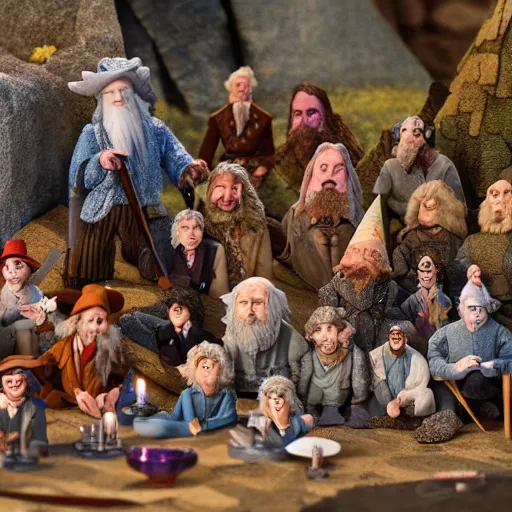 Prompt: claymation of bilbo's birthday party, gandalf, fireworks, frodo, pippin, merry, gritty, tilt shift, award winning, highly textured, very detailed