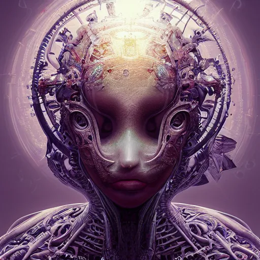 Image similar to a highly detailed photographic portrait of an alien, biomechanical sculpture, mandelbrot fractal, intricate, elegant, ornate, elegant, luxurious, beautifully lit, ray traced, octane 3D render in the style of Peter Mohrbacher and Peter Gric