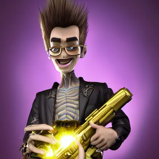 Image similar to hyperrealistic portrait of gothic cyberpunk jimmy neutron holding a golden machine gun, 4 k, highly detailed, beautifully rendered