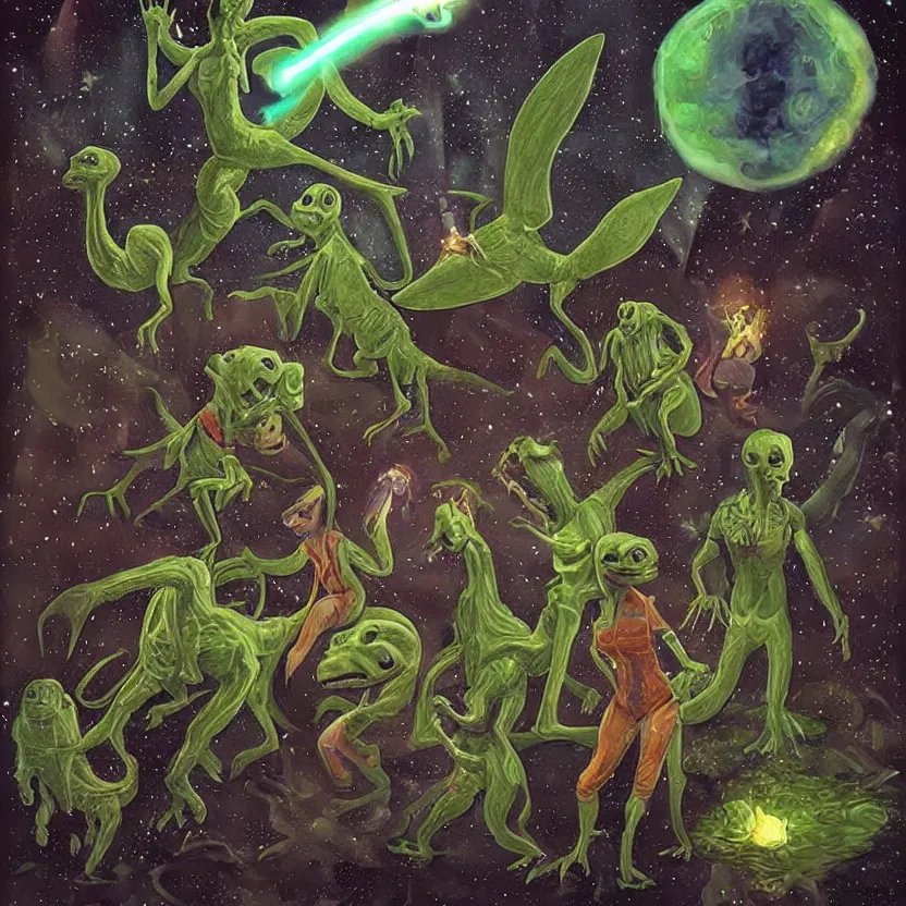 Prompt: extraterrestrial sprites, fairies, and dinosaurs. pulp science fiction. whimsical fantasy art. dark background