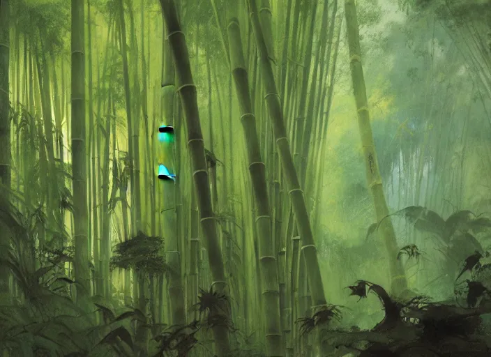 Image similar to bamboo forest, intricate, elegant, highly detailed, vivid colors, john harris, frazetta, tyrus wong, ruan jia, jeffrey catherine jones