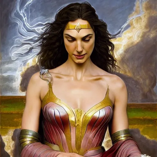 Image similar to Full body oil painting of the beautiful woman Gal Gadot, she is wearing some withe ancient roman cloths and a surreal ornate, her hair is natural disheveled, she is approaching heaven, naturalism, dramatic lighting, high-detailed oil painting by Ilya Repin, Michelangelo da Caravaggio, William Blake, Alex Grey and Beksinski, trending on Artsatio, hystorical painting, masterpiece, 4k, 8k,