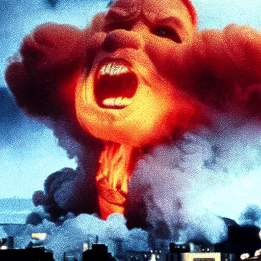 Prompt: 2 0 0 foot tall evil ronald mcdonald breathing fire and attacking tokyo, movie still, toho style