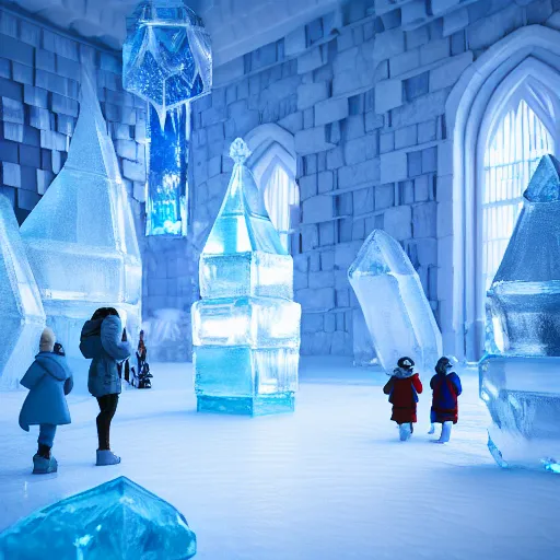 Image similar to inside a magical ice kingdom city with people walking around, highly detailed, 4k, HDR, award-winning, octane render, trending on artstation, volumetric lighting