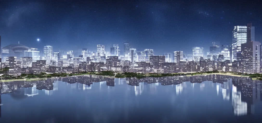 Image similar to very beautiful view of a modern japanese city at night, watery lake with accurate reflections, icy mountains in the background, calm clouds, starry sky with nebula, cinematic lighting, ultra detailed, sharp, ambient occlusion, raytracing, by dylan cole, sebastian meyer and jordan grimmer