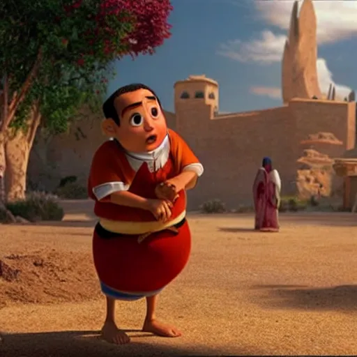 Image similar to 17 year old middle eastern skinned boy with reddish complexion in Biblical clothing as seen in Disney Pixar's Up (2009)