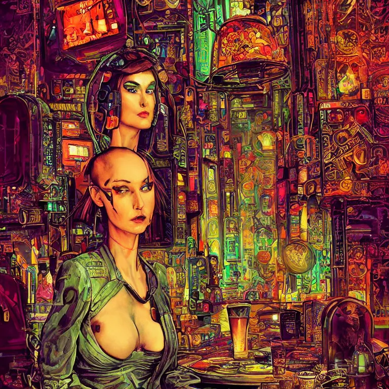 Image similar to beautiful psychedelic digital art of a beautiful cyberpunk lady in a cozy bar by Mad Dog Jones, Norman Rockwell and Ben Erdt